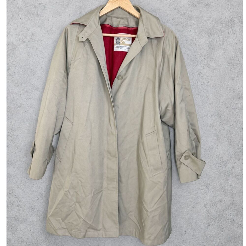 Vtg 80s London Fog Trench Coat Red Lined Khaki Mac Rain Jacket Pop Color 10 Reg